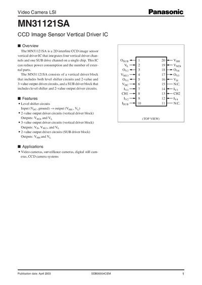 Panasonic MN31121SA CCD Image Sensor Vertical Driver IC Datasheet - cover page