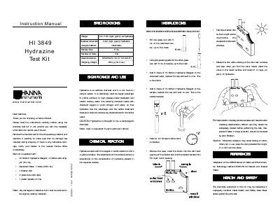 Hanna Instruments HI 3849 Hydrazine Test Kit Instruction Manual - cover page