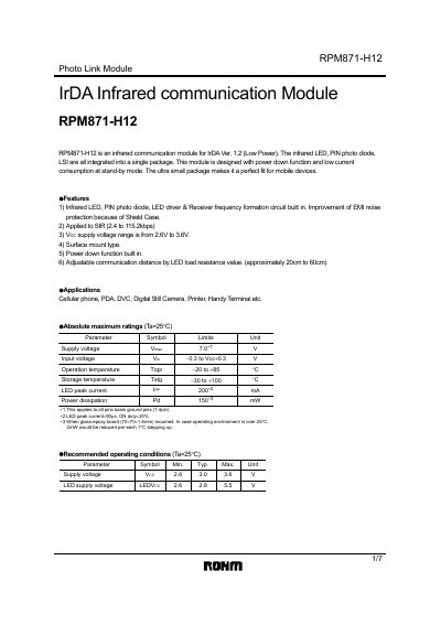 ROHM RPM871-H12 Infrared Communication Module Datasheet - cover page
