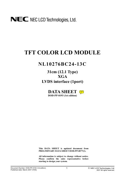 NEC NL10276BC24-13C TFT Color LCD Module Datasheet - cover page