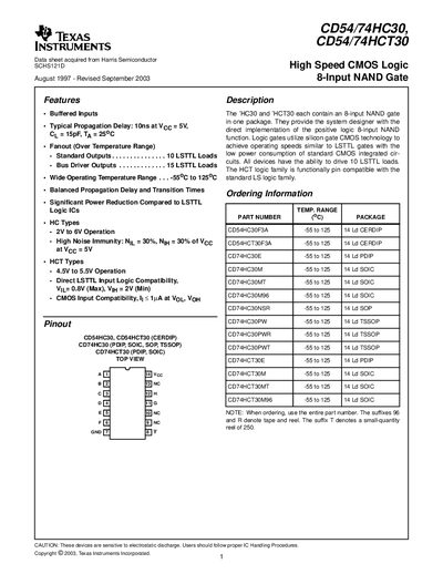 Texas Instruments CD54/74HC30 CD54/74HCT30 8-Input NAND Gate Datasheet - cover page