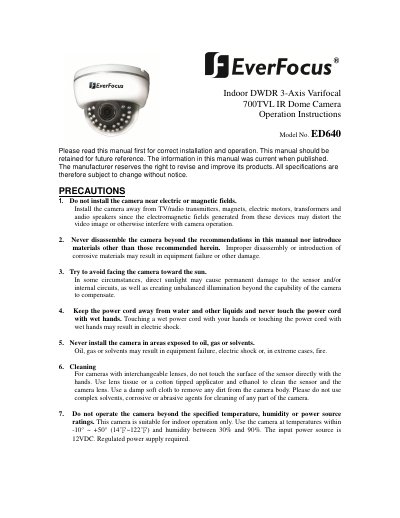 EverFocus ED640 Indoor DWDR IR Dome Camera Operation Instructions - cover page