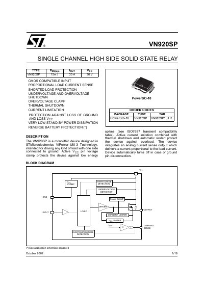 STMicroelectronics VN920SP Single Channel High Side Solid State Relay Handbook - cover page