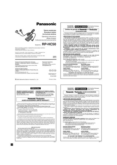 PanasonicRP-HC50 earphone Manual - cover page