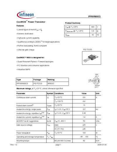 Infineon IPP90R800C3 CoolMOS Power Transistor Datasheet - cover page