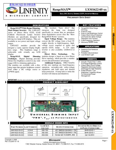 Microsemi LXM1622-05-xx CCFL Inverter Module Preliminary Data Sheet - cover page