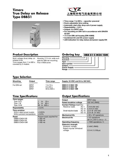 Timers DBB51 True Delay on Release Timer Datasheet - cover page