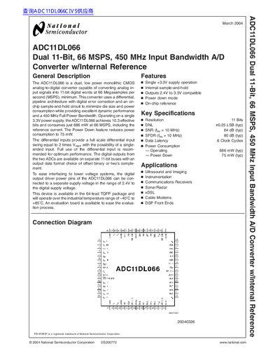 National semiconductor ADC11DL066 Dual 11-Bit 66 MSPS 450 MHz Input Bandwidth A/D Converter w/Internal Reference handbook - cover page