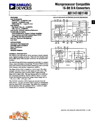 Analog Devices AD1147/AD1148 16-Bit D/A Converter Datasheet - cover page