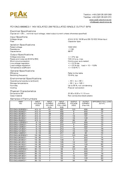 PEAK PD10NG-XXXXE2:1 1KV ISOLATED 2W REGULATED SINGLE OUTPUT SIP8 - cover page
