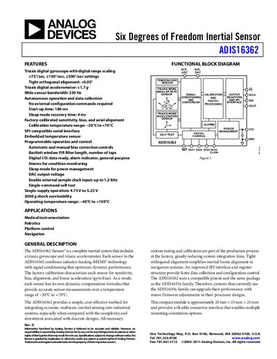 Analog Devices ADIS16362 Inertial Sensor Datasheet - cover page