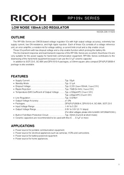 Ricoh RP109x Series Low Noise LDO Regulator Datasheet