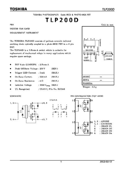 Toshiba TLP200D Photocoupler Datasheet - cover page