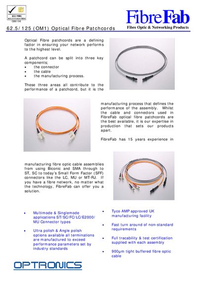 FibreFab 62.5/125 (OM1) Optical Fibre Patchcords Product Leaflet - cover page