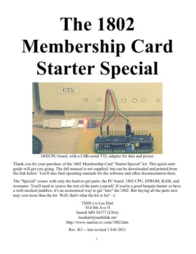 1802 Membership Card Starter Special Quick-Start Guide