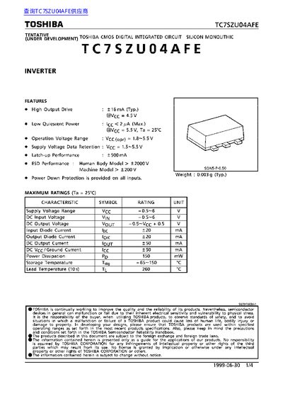 Toshiba TC7SZU04AFE CMOS Inverter Datasheet - cover page
