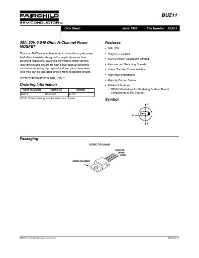 Fairchild Semiconductor BUZ11 N-Channel Power MOSFET Datasheet - cover page