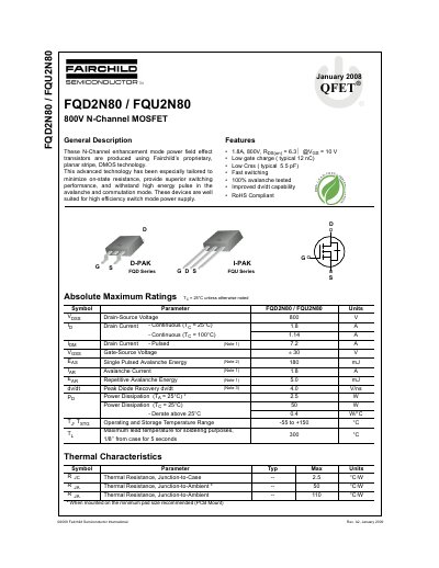 Fairchild Semiconductor FQD2N80/FQU2N80 800V N-Channel MOSFET Datasheet - cover page