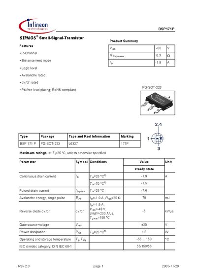 Infineon BSP171P Datasheet - cover page