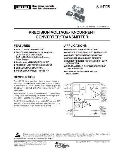 Texas Instruments XTR110 Precision Voltage-to-Current Converter Datasheet