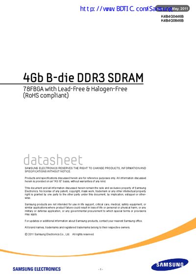 Samsung K4B4G0446B DDR3 SDRAM Datasheet - cover page