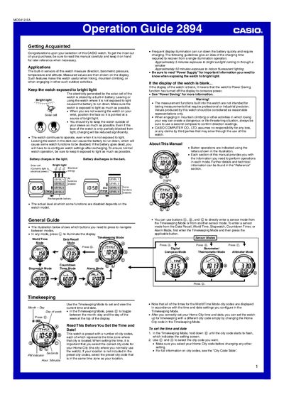 Casio 2894 Watch Operation Guide - cover page