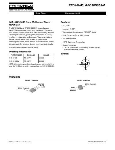FAIRCHILD RFD16N05 RFD16N05SM Manual - cover page