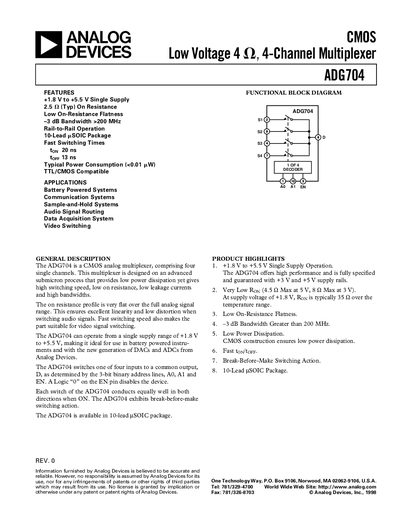 Analog Devices ADG704 CMOS Low Voltage 4-Channel Multiplexer Datasheet