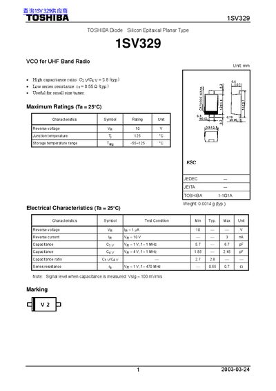 Toshiba 1SV329 Silicon Epitaxial Planar Diode Datasheet - cover page