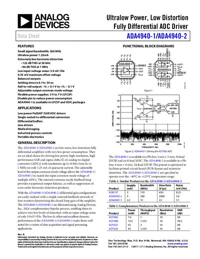 Analog Devices ADA4940-1/ADA4940-2 Datasheet - cover page
