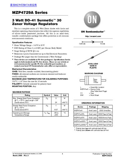 ON Semiconductor MZP4729A Series 3 Watt Zener Voltage Regulator Datasheet - cover page