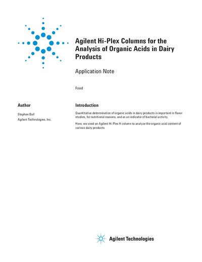 Agilent Hi-Plex H Column Application Note for Organic Acids in Dairy - cover page
