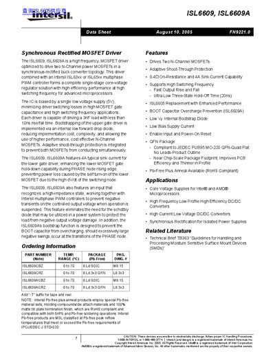 Intersil ISL6609/ISL6609A MOSFET Driver Datasheet