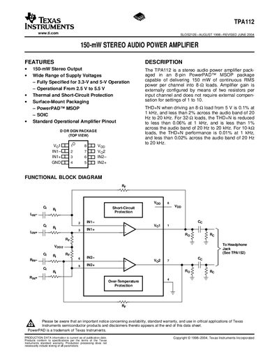TEXAS INSTRUMENTS TPA112 150-mW STEREO AUDIO POWER AMPLIFIERdatasheet - cover page
