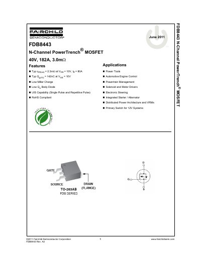 Fairchild Semiconductor FDB8443 N-Channel PowerTrench MOSFET Datasheet - cover page