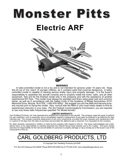Carl Goldberg Products Monster Pitts Electric ARF Assembly and Operation Manual - cover page