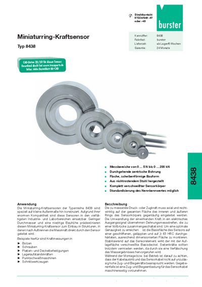 Burster 8438 Miniature Ring Force Sensor Datasheet - cover page