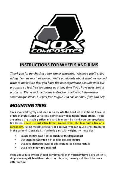 Nox Rims and Wheels Installation and Maintenance Instructions