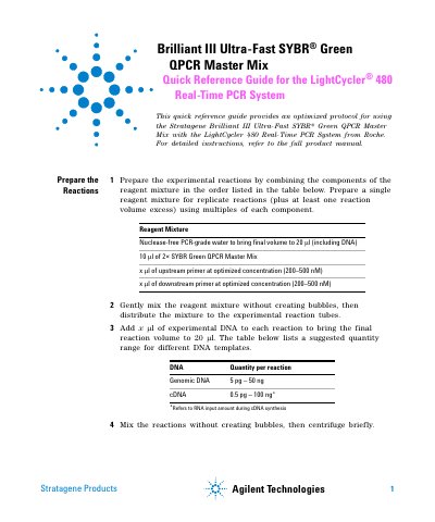 Stratagene Brilliant III Ultra-Fast SYBR Green QPCR Master Mix Quick Reference Guide for the LightCycler 480 - cover page