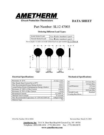 Ametherm SL12 47003 Data Sheet - cover page