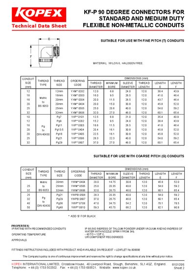 Kopex KF-P 90 Degree Connectors Technical Data Sheet - cover page
