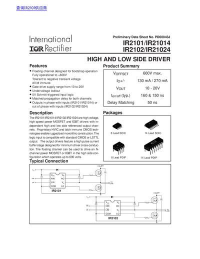 International Rectifier IR2101/IR21014/IR2102/IR21024 High and Low Side Driver Datasheet - cover page