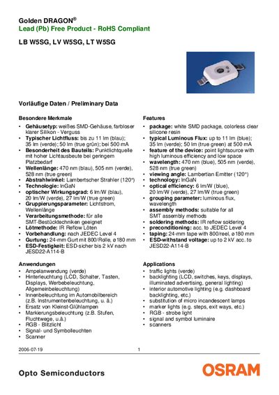 OSRAM W5SG LED Data Sheet - cover page