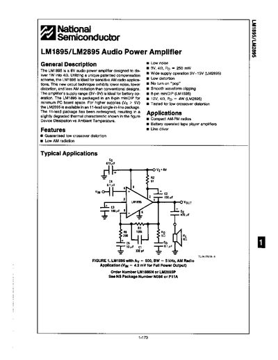 National Semiconductor LM1895/LM2895 Audio Power Amplifier Datasheet - cover page