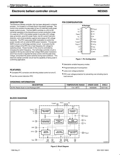 Philips NE5565 Electronic Ballast Controller Circuit Datasheet