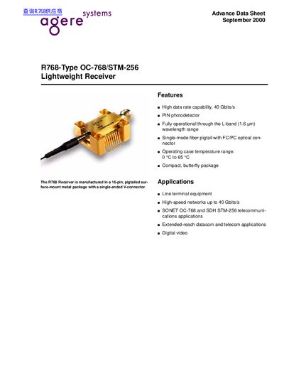 Agere R768-Type OC-768/STM-256 Lightweight Receiver Data Sheet - cover page