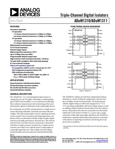 Analog Devices ADuM1310/ADuM1311 Digital Isolator Datasheet - cover page