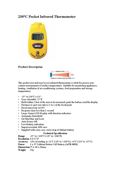UNBRANDED 230&deg;C Pocket Infrared Thermometer Manual - cover page