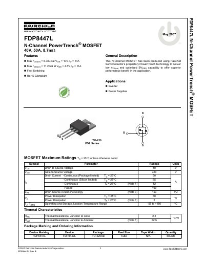 Fairchild FDP8447L N-Channel PowerTrench MOSFET Datasheet - cover page