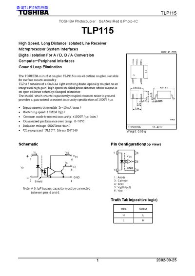 Toshiba TLP115 Photocoupler Datasheet - cover page